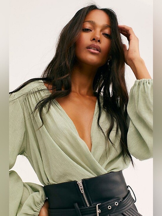 Free People Tops - NWT Free People Check On It Wrap Top Green Slouchy Draped Blouse Size S Boho